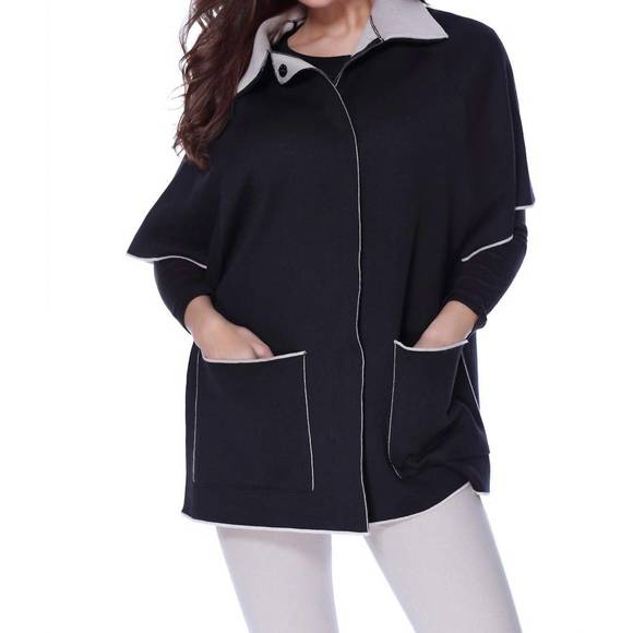 NEW ANGEL zip up & buttons poncho w/ pockets in black/stone - Picture 1 of 2